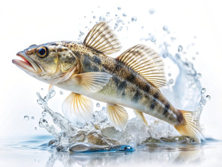 Pike perch with splashes of water on a white backgroundの写真素材