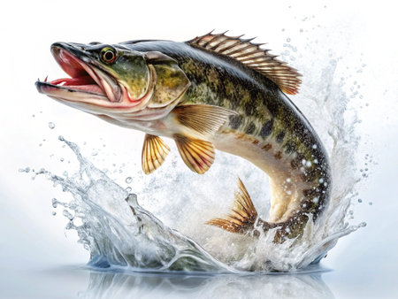Pike fish in water splashes on a white background. Isolated