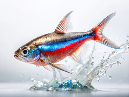 Beautiful rainbow tetra fish swimming in water on white background.