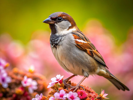 Sparrow sitting on a branch with pink flowers in the background