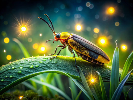 Fantastic macro shot of beetle on green grass with bokeh background