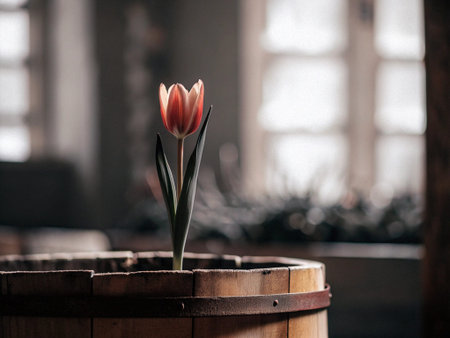 Red tulip flower in a wooden barrel on a background of a window