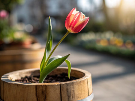 Tulip flower in a wooden pot on the background of the city