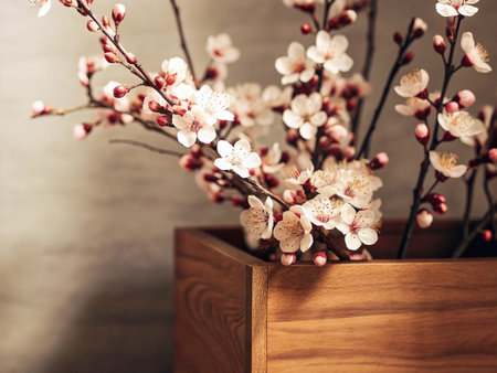Branch of blossoming apricot in vase on wooden backgroundの写真素材