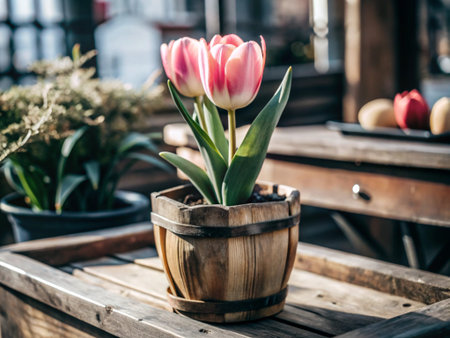 Tulips in a wooden pot on a wooden table in a cafe
