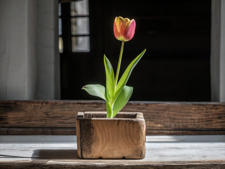 Tulip flower in a wooden pot on a wooden table.