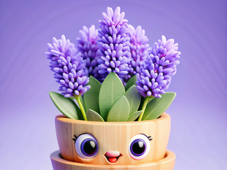 Hyacinths in a wooden vase on a purple background