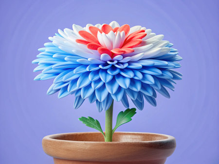 Colorful dahlia flower in a pot on a blue background