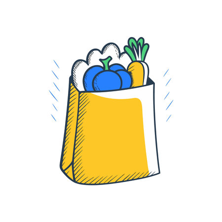 Shopping bag with fresh vegetables. Vector illustration in doodle style.のイラスト素材