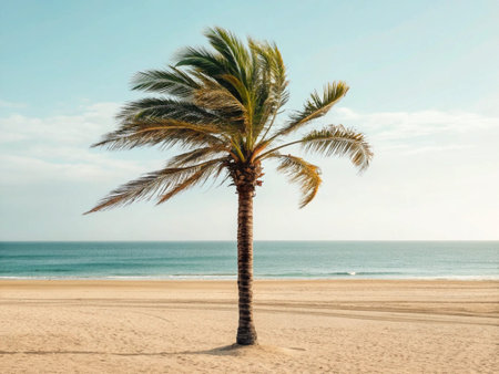 Coconut palm tree on a sandy beach with blue sea backgroundの写真素材
