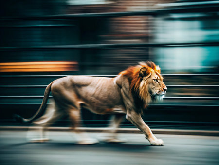 Lion walking on the road in the city. Motion blur.の写真素材