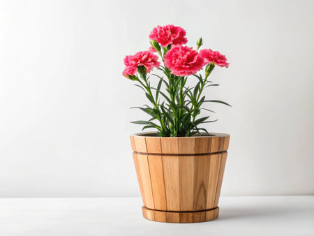 Beautiful pink carnation flowers in wooden vase on white tableの写真素材