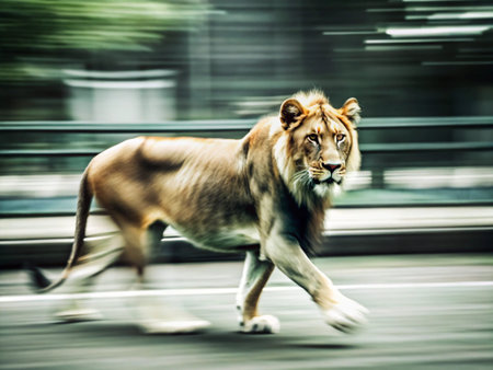 Lion walking on the road. Motion blur. Vintage effect.の写真素材