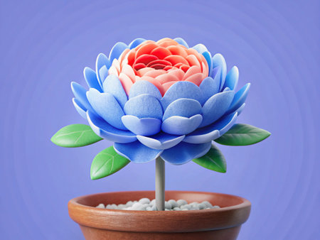 Blue artificial flower in pot on blue background. 3d illustration.の写真素材