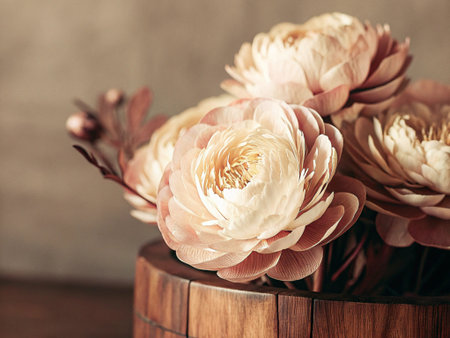 Bouquet of white and pink ranunculus flowers in a wooden barrel