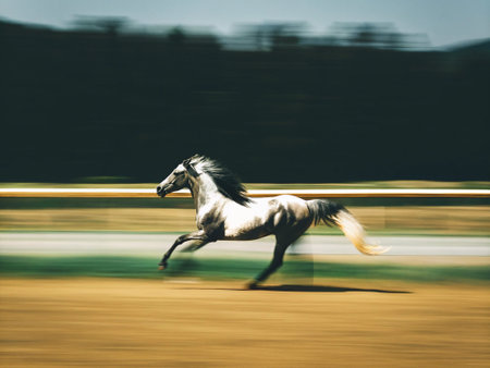 Horse galloping on the track, motion blur. Vintage style.