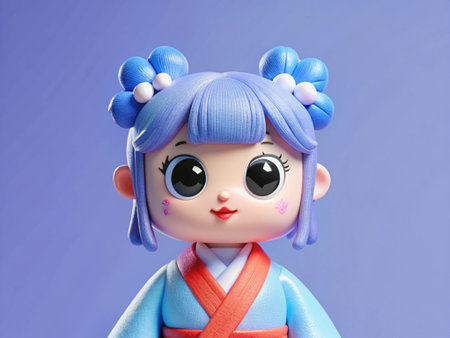 Kawaii doll with blue hair and kimono on blue background