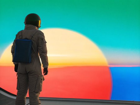 Back view of a man wearing a helmet and holding a backpack looking at a colorful wall