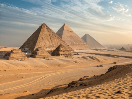 The Pyramids of Giza in Cairo, Egypt at sunset.の写真素材