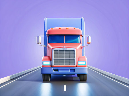 A modern semi-trailer truck on the road with purple backgroundの写真素材