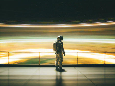 Astronaut in the airport at night. Long exposure photo.の写真素材