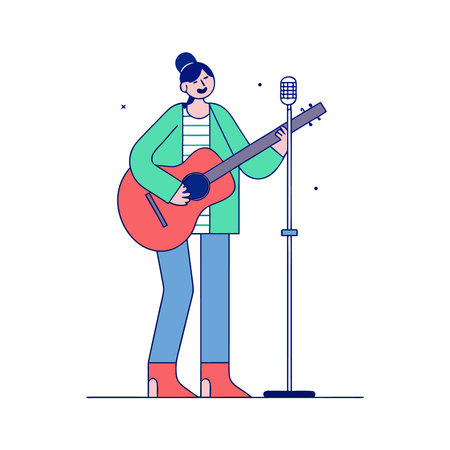 Vector illustration of a girl with a guitar and a microphone. Flat style.のイラスト素材