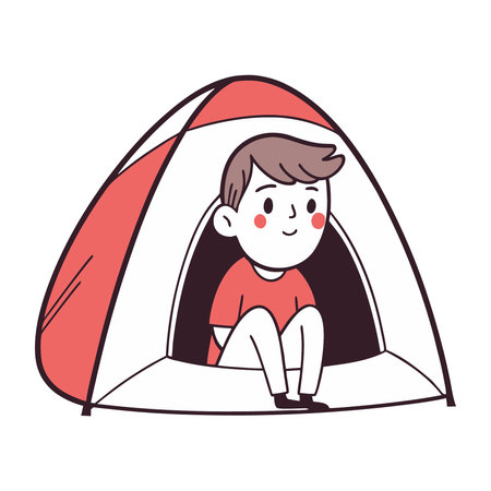 Cute boy in a tent. Vector illustration in cartoon style.のイラスト素材