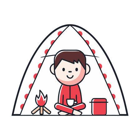 cute little boy with camp tent character vector illustration designicon elementのイラスト素材