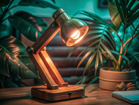 Wooden desk lamp on a purple background with copy space for text