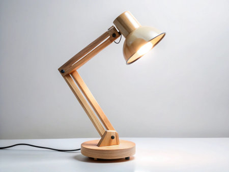 Wooden desk lamp on white table with copy space for text.の写真素材