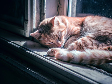 Cute ginger cat sleeping on the windowsill. Toned.