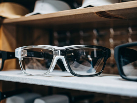 close up view of stylish eyeglasses on shelf in shopping mall