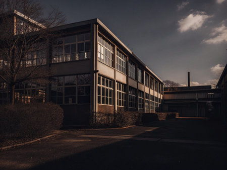 Abandoned factory building in the evening. Old factory building.