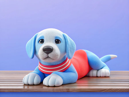 Toy dog on a wooden table on a blue background with copy space
