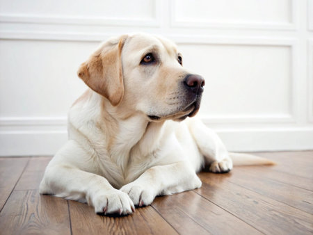 Labrador retriever lying on wooden floor in front of white wall