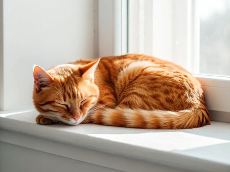 Cute ginger cat sleeping on the windowsill, closeup.