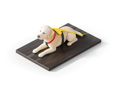 Labrador Retriever with yellow collar on a white background.の写真素材