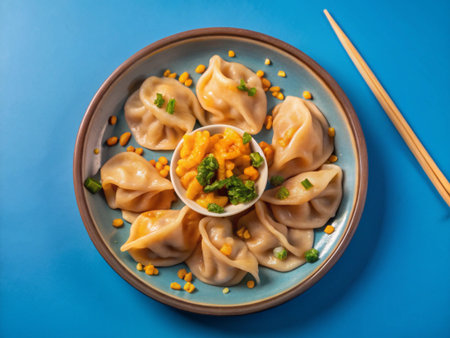 Chinese steamed dumplings with vegetables on a blue background.