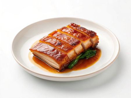 Grilled Pork Belly with Soy Sauce on White Plate Isolated