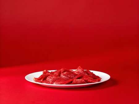 Raw beef on a white plate on a red background. Copy space.