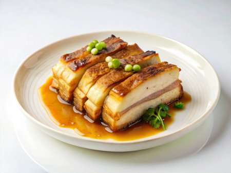 Japanese-style grilled pork in sweet and sour sauce on white background