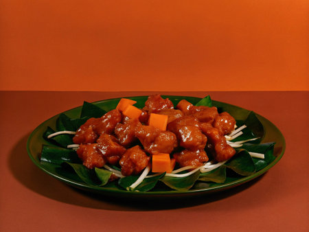 Sweet and sour pork in a green plate on a red background.