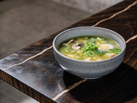 Japanese miso soup in a ceramic bowl on a wooden table.