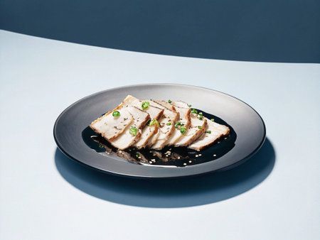 Roast pork with sesame seeds on a black plate on a blue background
