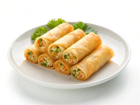 Fried spring rolls with vegetables and cheese on a white background.