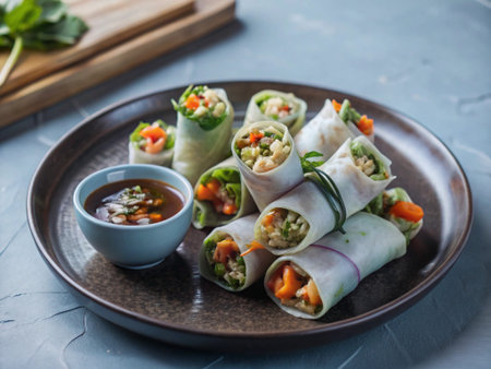 Vegetable spring rolls with vegetables and spices served with dipping sauce