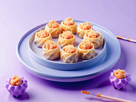 Chinese steamed dumplings with shrimp on a plate on a purple background