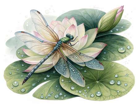 Dragonfly sitting on a lotus flower. Watercolor illustration.