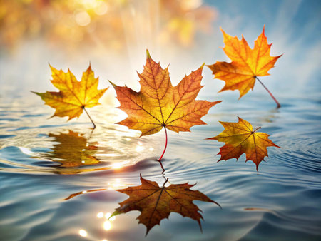 Autumn maple leaves on the surface of the water with sun rays