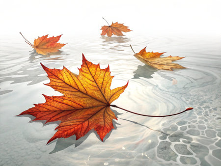 Maple leaf on the water surface. Autumn background. Copy space